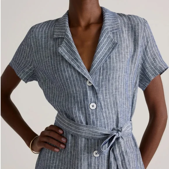 Quince 100% European Linen Dress Chambray Blue Stripe Button-Down Midi Medium - Picture 2 of 4
